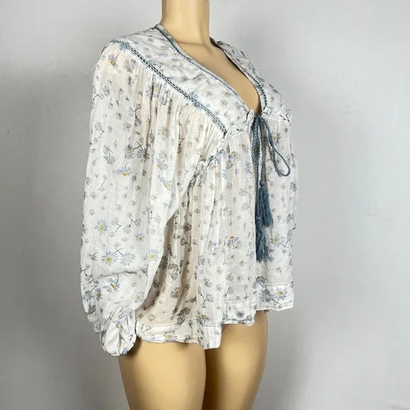 Free People Daisy Floral Peasant Blouse Womens Medium M White Boho Festival - Picture 12 of 16